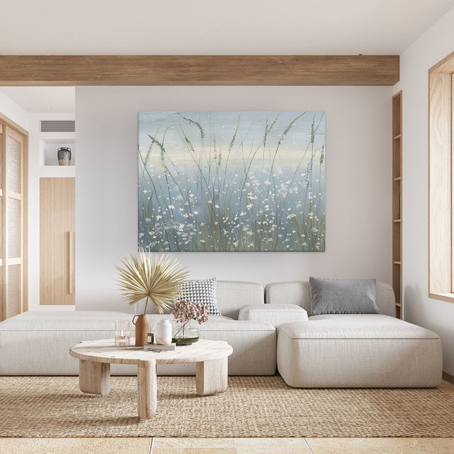 Canvas Schilderij Woonkamer Kunstwerk van een Veld met Gras en Sneeuw