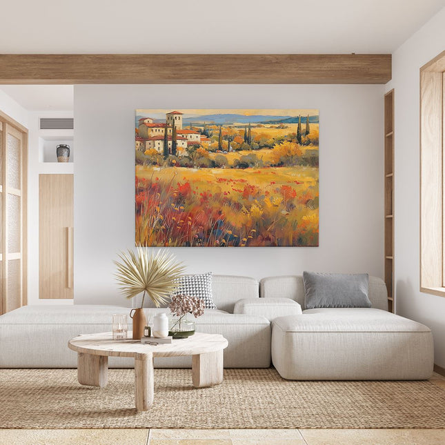Canvas Schilderij Woonkamer Kunstwerk van een Veld in Toscane