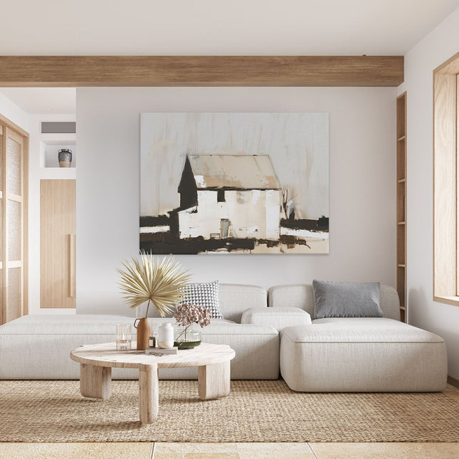 Canvas Schilderij Woonkamer Kunstwerk van een Wit Huis Midden in een Veld