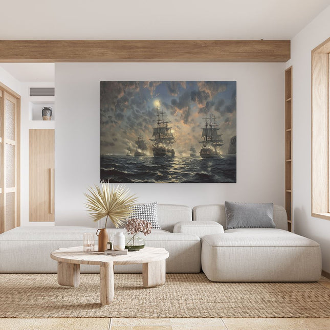 Canvas Schilderij Woonkamer Kunstwerk van Schepen in de Oceaan