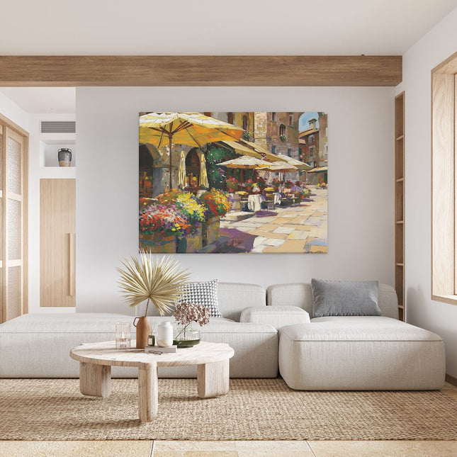 Canvas Schilderij Woonkamer Kunstwerk van een Straattafereel met Parasols en Bloemen