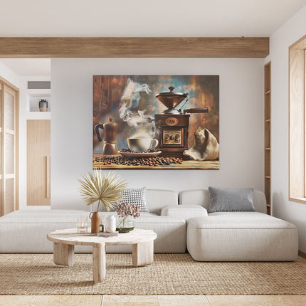 Canvas Schilderij Woonkamer Koffiemolen en een Kopje Koffie op een Tafel