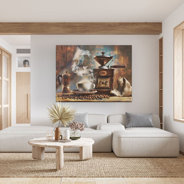 Canvas Schilderij Woonkamer Koffiemolen en een Kopje Koffie op een Tafel