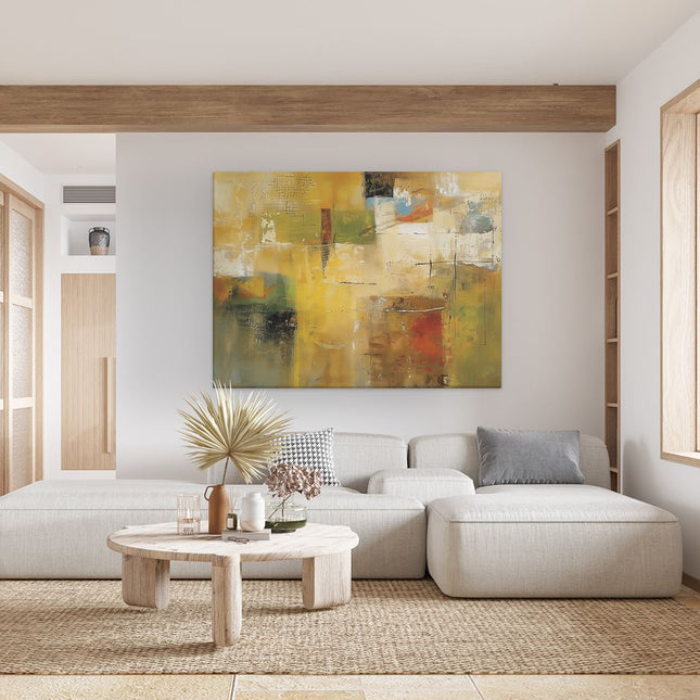 Canvas Schilderij Woonkamer Abstract Kunstwerk met Gele, Groene en Bruine Kleuren