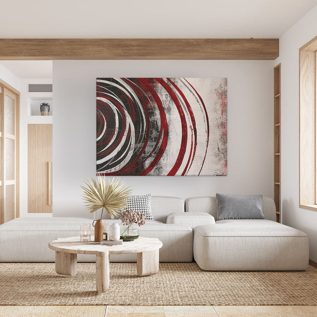Canvas Schilderij Woonkamer Abstract Kunstwerk met Rode en Witte Wervelingen