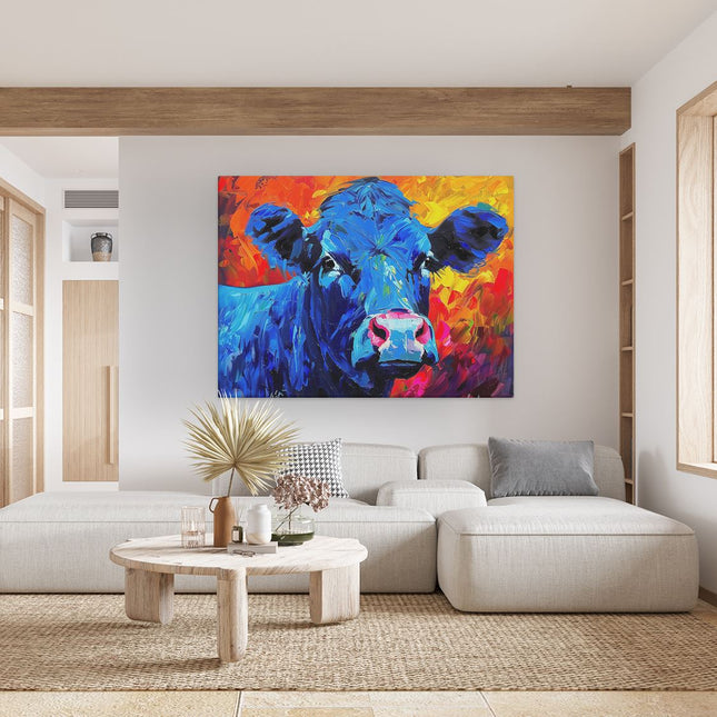 Canvas Schilderij Woonkamer Kunstwerk van een Blauwe Koe