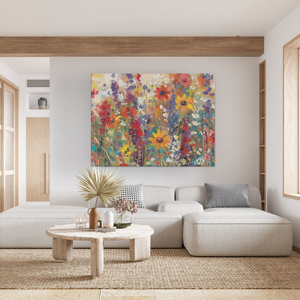 Canvas Schilderij Woonkamer Kleurrijke Bloemen in een Veld