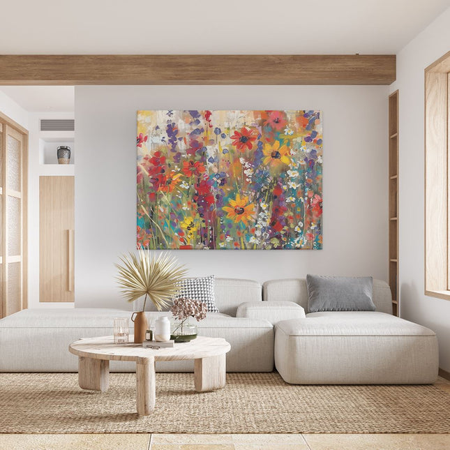 Canvas Schilderij Woonkamer Kleurrijke Bloemen in een Veld