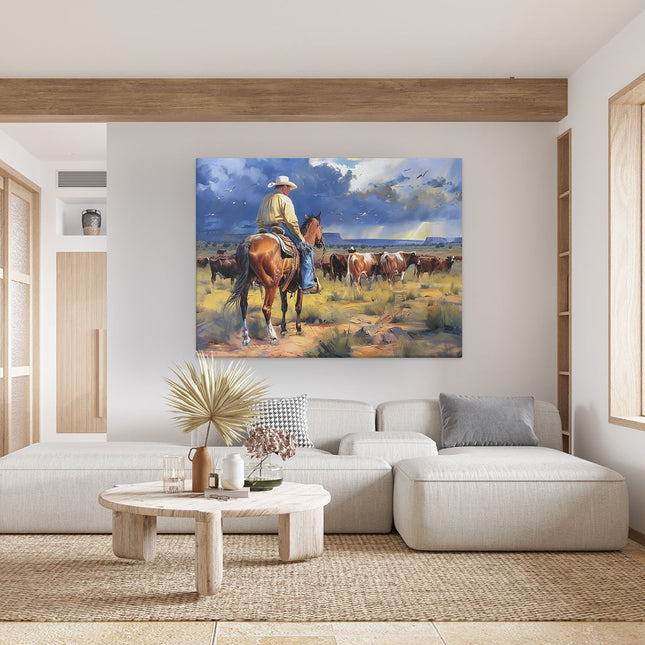 Canvas Schilderij Woonkamer Cowboy op een Paard