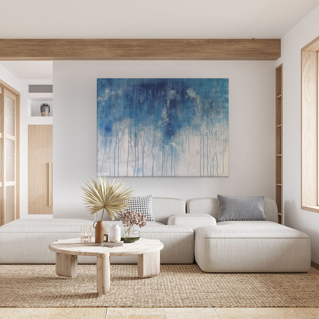 Canvas Schilderij Woonkamer Abstract Kunstwerk met Blauwe en Witte Druppels