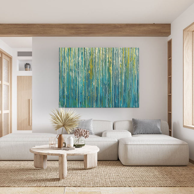 Canvas Schilderij Woonkamer Kunstwerk met Blauwe en Gele Druppels