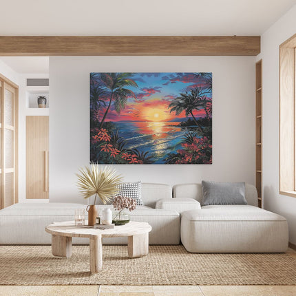 Canvas Schilderij Woonkamer Kunstwerk van een Tropische Zonsondergang met Palmbomen en Bloemen