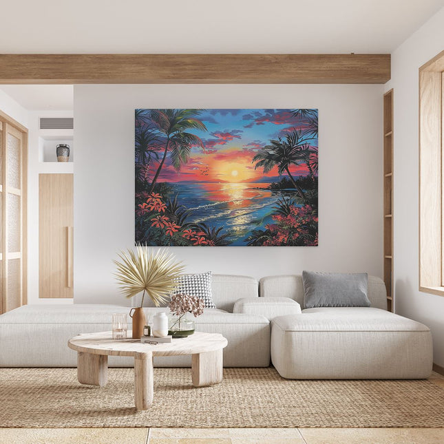Canvas Schilderij Woonkamer Kunstwerk van een Tropische Zonsondergang met Palmbomen en Bloemen