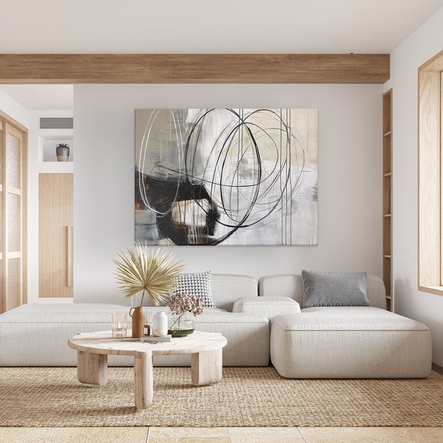 Canvas Schilderij Woonkamer Abstract Kunstwerk met Zwart Witte Cirkels