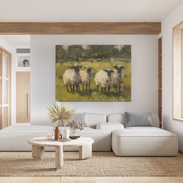 Canvas Schilderij Woonkamer Kunstwerk van Schapen in een Veld