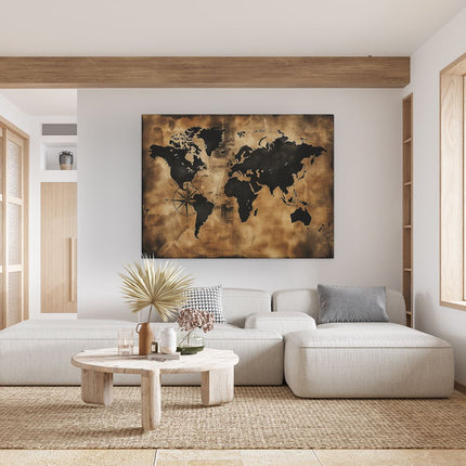 Canvas Schilderij Woonkamer Zwarte en Bruine Wereldkaart met een Kompas