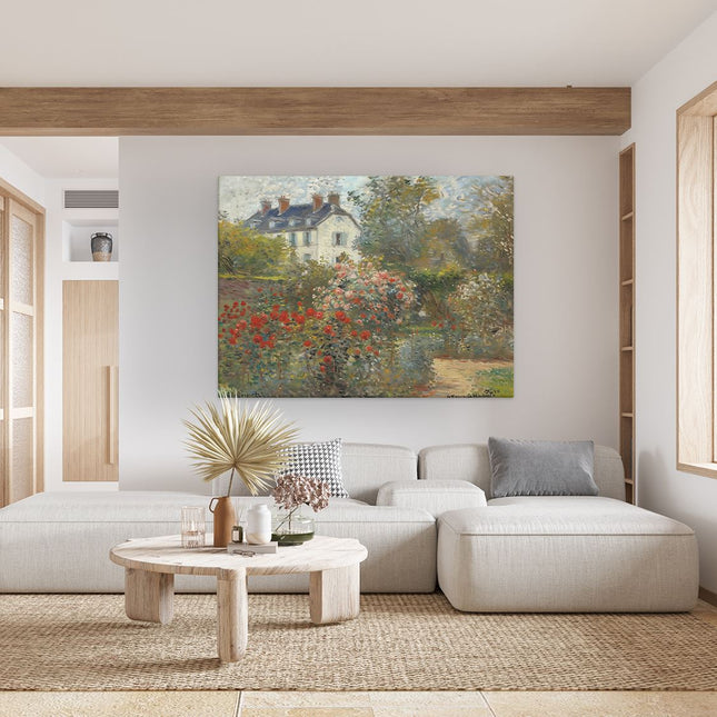 Canvas Schilderij Woonkamer Kunstwerk van een Tuin met Rozen en een Huis