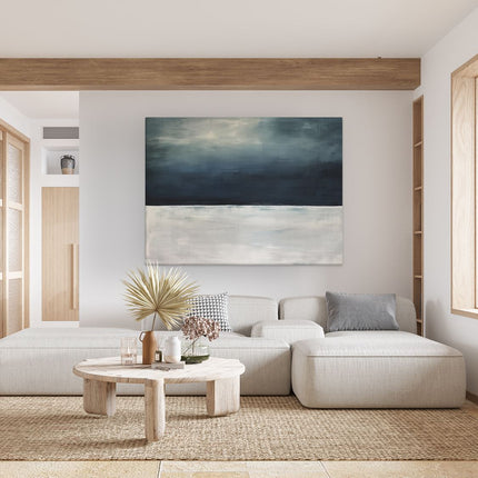 Canvas Schilderij Woonkamer Zwart Wit Kunstwerk met een Blauwe Lucht