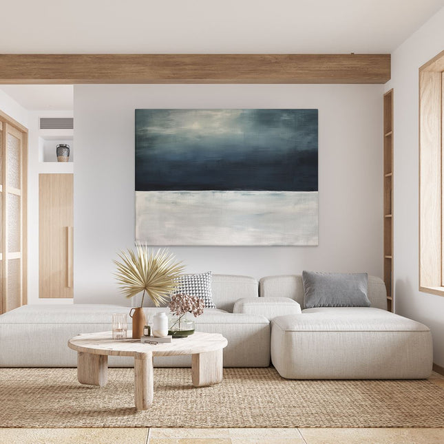 Canvas Schilderij Woonkamer Zwart Wit Kunstwerk met een Blauwe Lucht