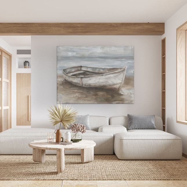 Canvas Schilderij Woonkamer Kunstwerk van een Boot op het Strand