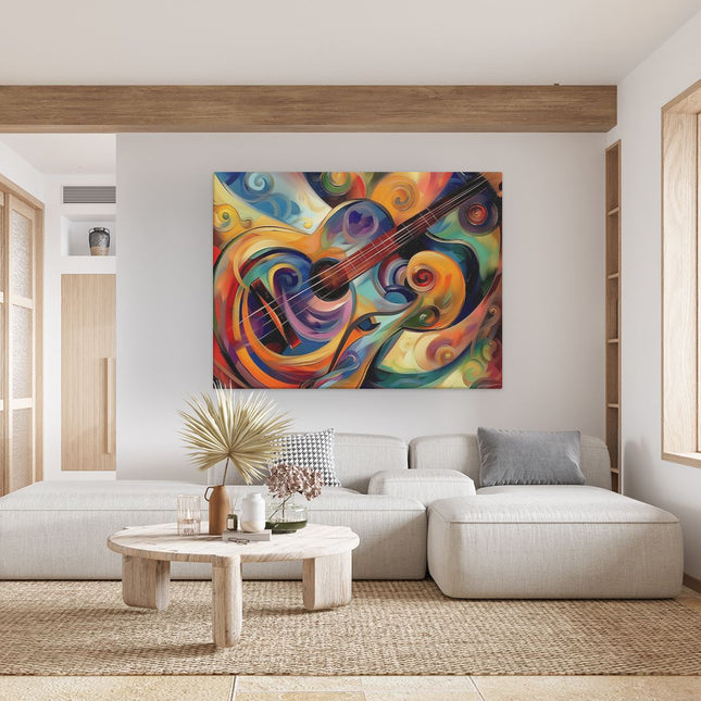 Canvas Schilderij Woonkamer Abstract Kunstwerk van een Akoestische Gitaar