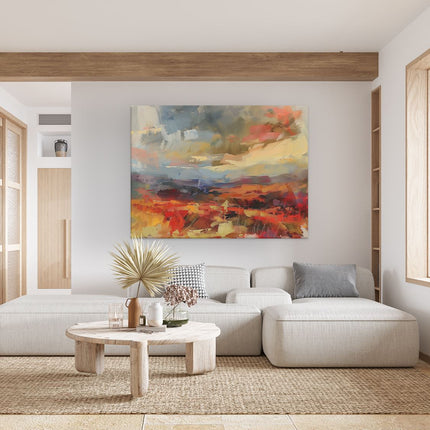 Canvas Schilderij Woonkamer Abstract Kunstwerk van een Rood, Oranje en Geel Landschap
