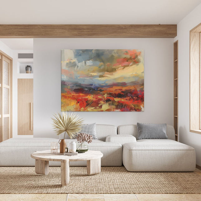 Canvas Schilderij Woonkamer Abstract Kunstwerk van een Rood, Oranje en Geel Landschap