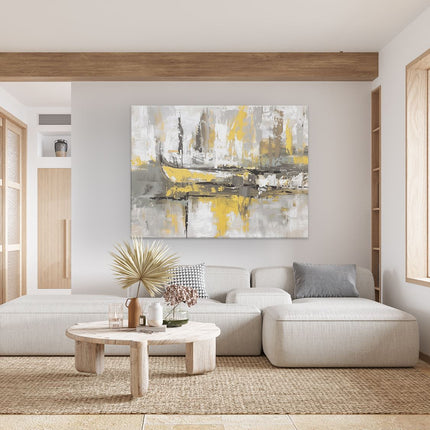 Canvas Schilderij Woonkamer Abstract Kunstwerk van Boten in Geel en Grijs