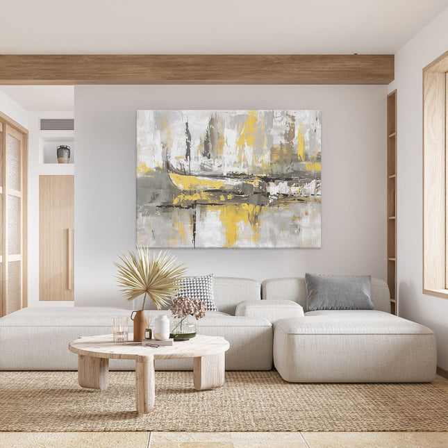 Canvas Schilderij Woonkamer Abstract Kunstwerk van Boten in Geel en Grijs