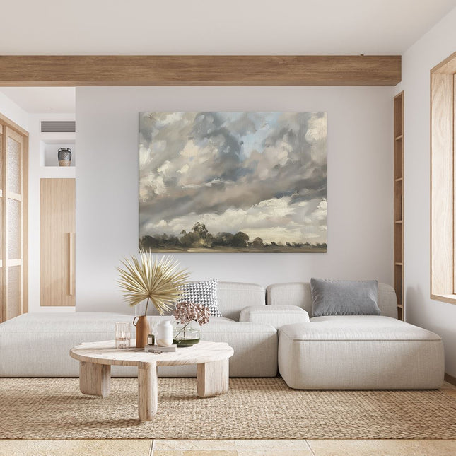 Canvas Schilderij Woonkamer Kunstwerk van Wolken boven een Veld