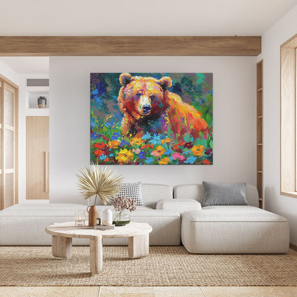 Canvas Schilderij Woonkamer Bruine Beer in een Veld met Bloemen