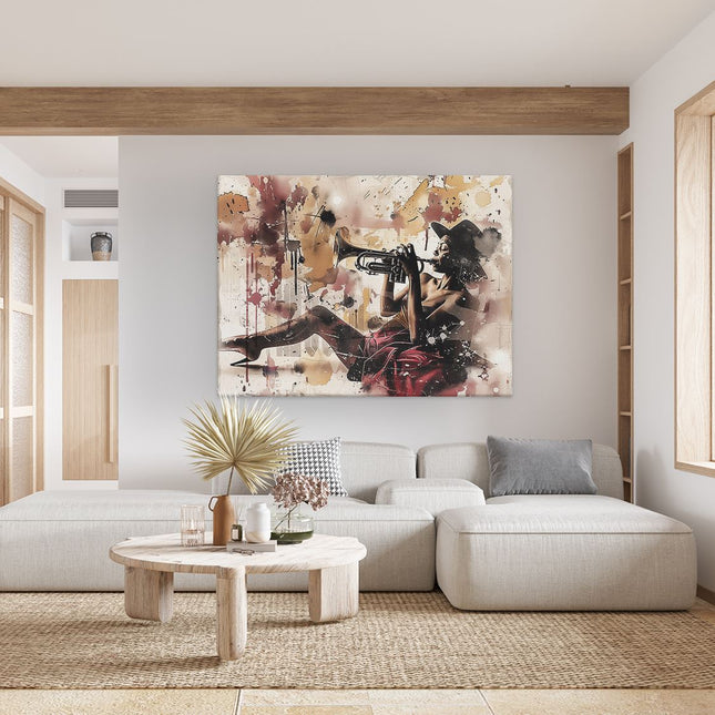 Canvas Schilderij Woonkamer Vrouw die Trompet Speelt