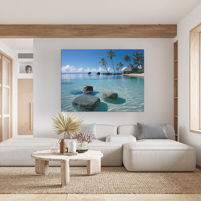 Canvas Schilderij Woonkamer Strand met Rotsen en Palmbomen