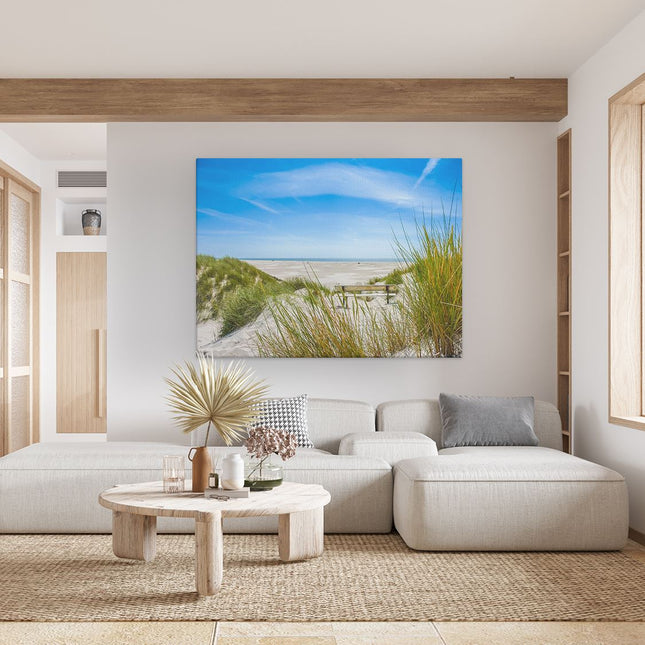 Canvas Schilderij Woonkamer Bankje aan het Strand