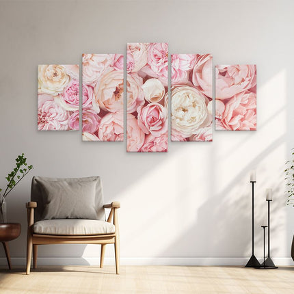 Schilderij vijfluik woonkamer witte roze rozen boeket - bloemen