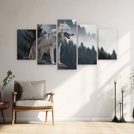 Schilderij vijfluik woonkamer grijze wolf in de bossen 