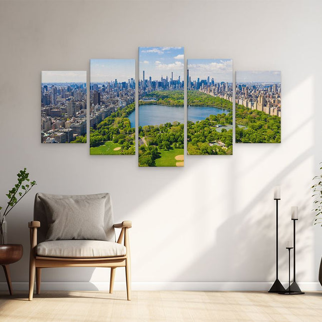Schilderij vijfluik woonkamer central park in new york met wolkenkrabbers