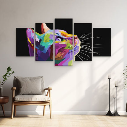 Schilderij vijfluik woonkamer kleurrijke kat kijkt naar boven - abstract