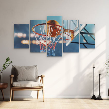 Schilderij vijfluik woonkamer basketbal in ring - hoepel - bord