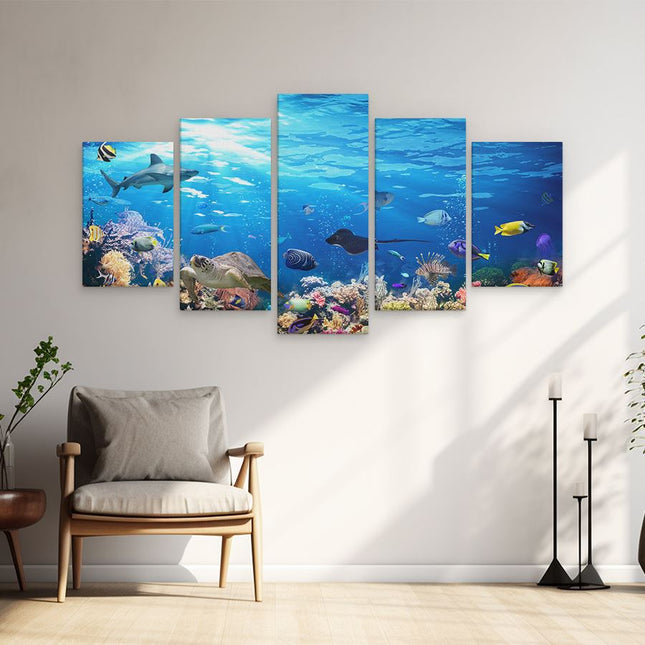 Schilderij vijfluik woonkamer vissen met koraalrif onder water