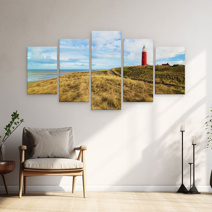 Schilderij vijfluik woonkamer vuurtoren met duinen in texel