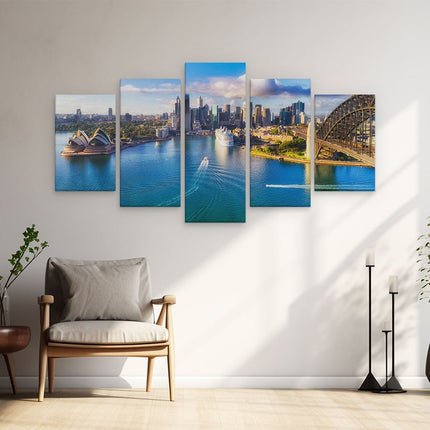 Schilderij vijfluik woonkamer sydney stad bij de haven