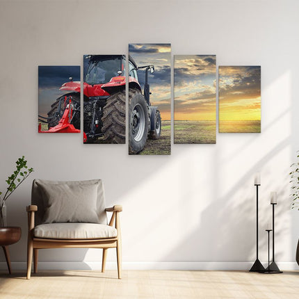 Schilderij vijfluik woonkamer rode tractor bij zonsondergang - trekker