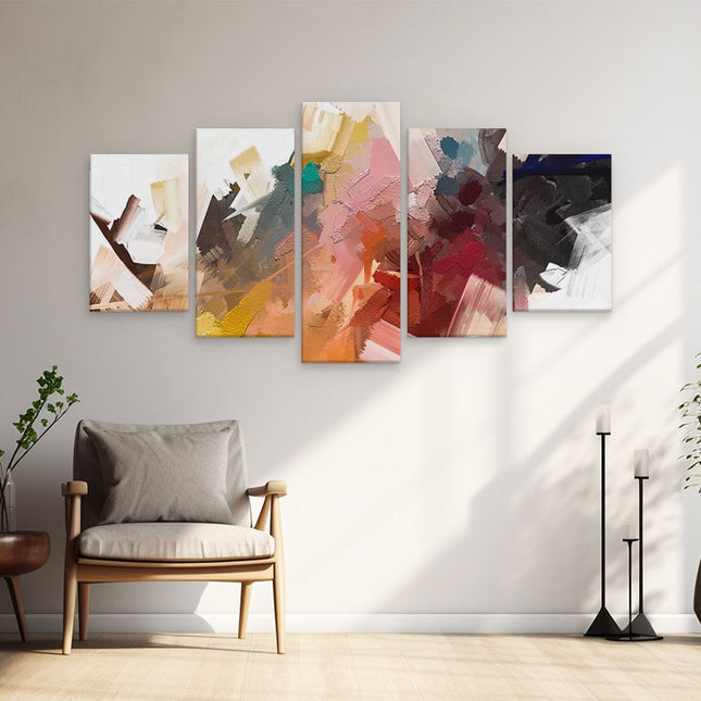 Schilderij vijfluik woonkamer abstracte kunst - kleurrijke olieverf