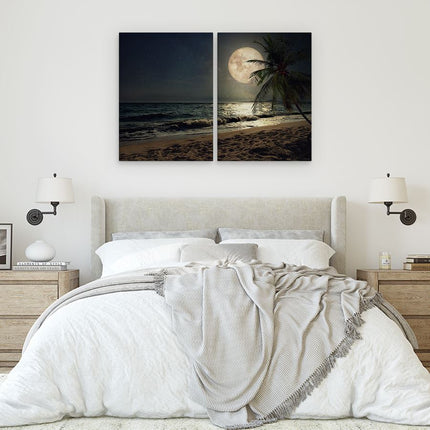 Schilderij tweeluik slaapkamer Tropisch Strand In De Nacht Met Volle Maan