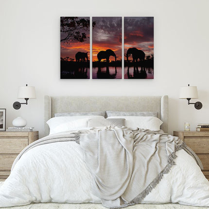 Drieluik schilderij slaapkamer Olifanten Tijdens Zonsondergang - Silhouet