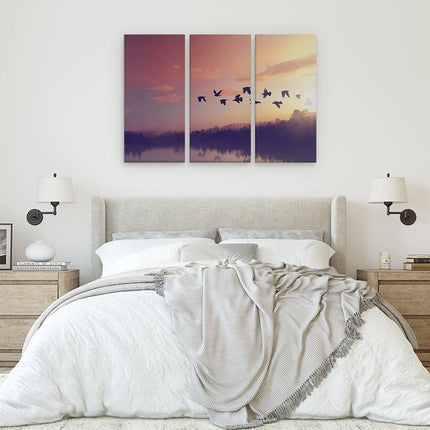 Drieluik schilderij slaapkamer Silhouet Vogels Tijdens Zonsondergang