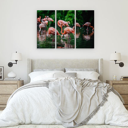 Drieluik schilderij slaapkamer Kudde Flamingo's in de Jungle in het Water