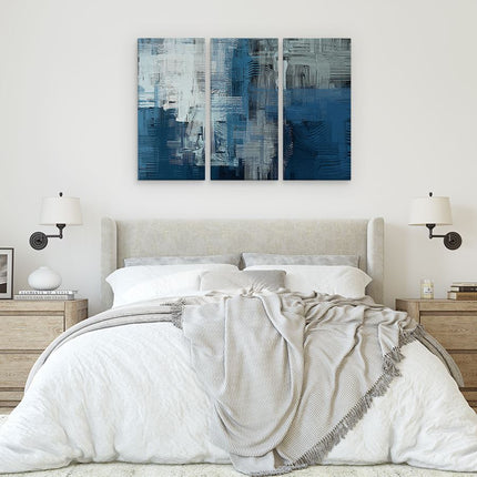 Drieluik schilderij slaapkamer Abstracte Kunst - Blauw Witte Penseelstreken