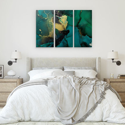 Drieluik schilderij slaapkamer Abstracte Kunst - Groen met Goud